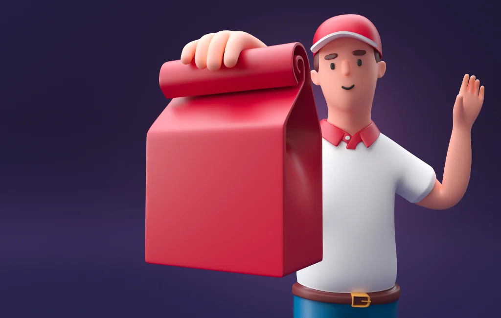 Personagem de um entregador de comida feito de massinha de modelar, utilizando uma camiseta polo branca com golas vermelhas, um chapéu vermelho e calças jeans. Em sua está um pacote vermelho simbolizando a entrega.