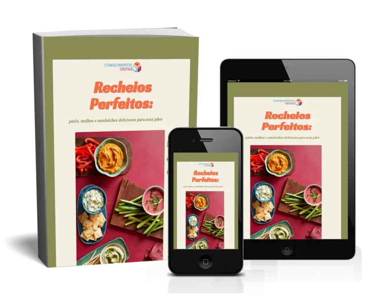 capa do livro eletrônico recheios perfeitos em livro físico tablet e celular com o título e a foto com recipientes com molhos e patês saudáveis